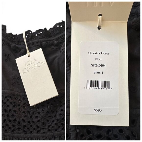 ULLA JOHNSON Celestia Broderie Anglaise Cotton Midi Dress, Black, Size 4, NWT - Picture 5 of 16